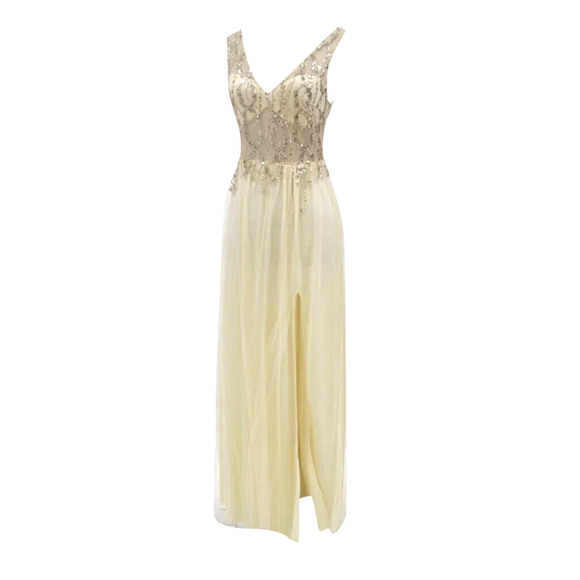 Women's Long Slim V-Neck Lace Elegant Evening Formal Dress Yellow Size 33 - Picture 1 of 8